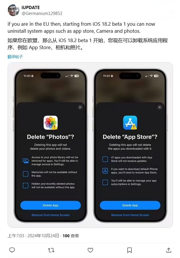 道外苹果手机维修分享iOS 18.2 支持删除 App Store 应用商店 